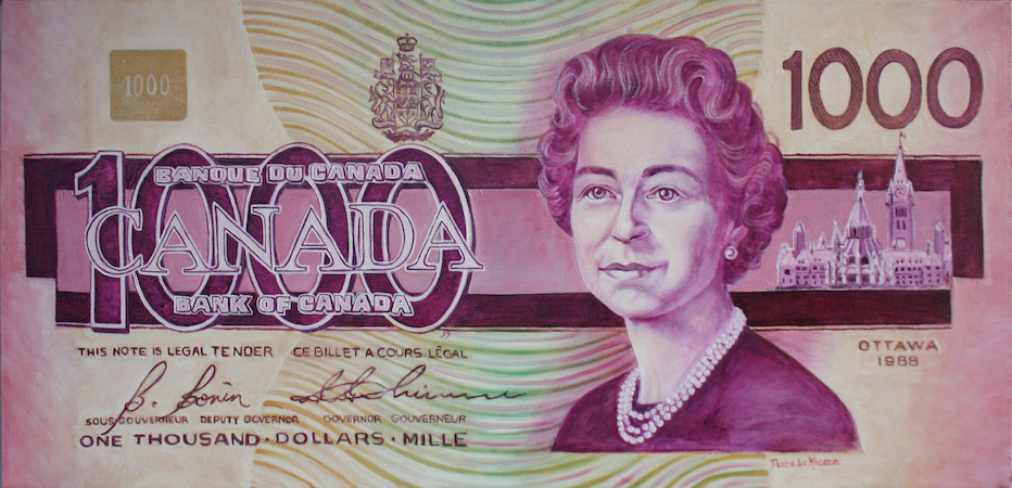 Oil on Canvas 19 x 40 Face of the 1988 Canadian Bird Series $1000 dollar bill Last issue of the Canadian $1000 dollar bill.