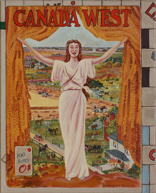 Woman with arms raised holding back a curtain of wheat revealing a wheat and cattle farm.